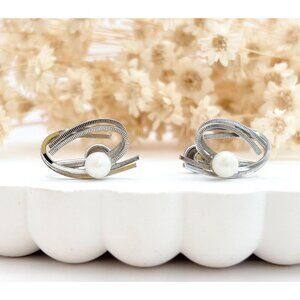 Abatract Modernist Ribbed Screw Back Sterling Faux Pearl Vintage Stud Earrings